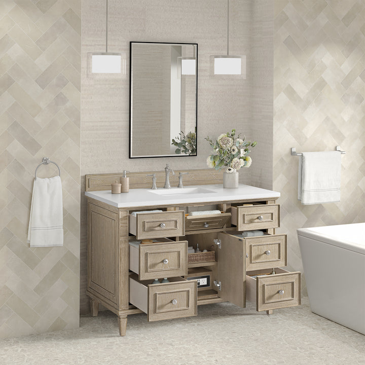 Lorelai 48" Single Vanity, Whitewashed Oak w/ 3 CM White Zeus Silestone Top