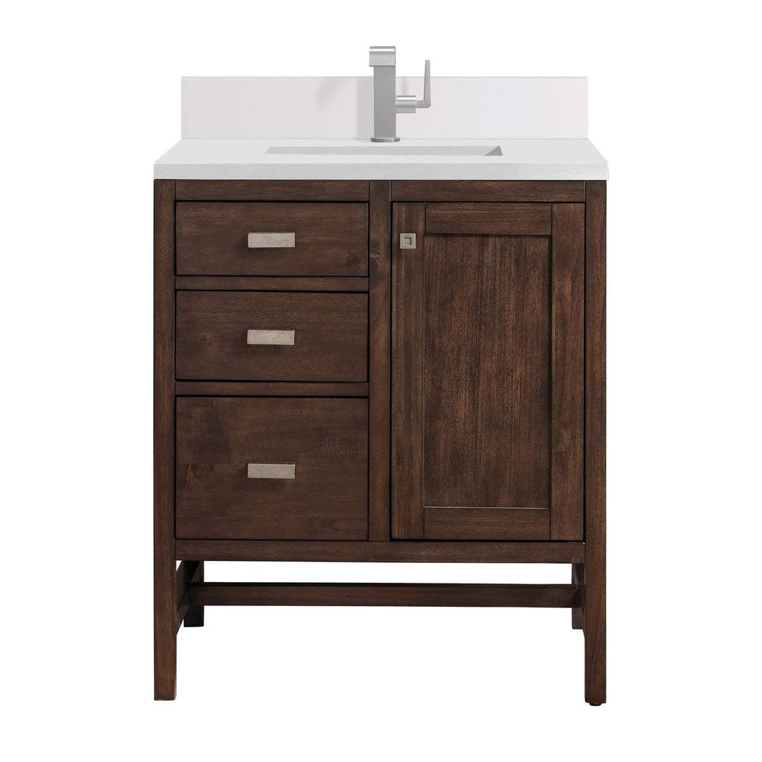 Addison 30" Single Vanity, Mid-Century Acacia w/ Single Hole 3 CM White Zeus Silestone Top & Backsplash