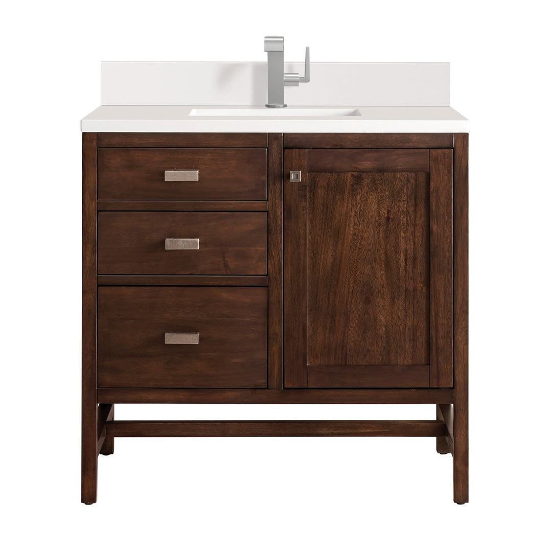Addison 36" Single Vanity, Mid-Century Acacia w/ Single Hole 3 CM White Zeus Silestone Top & Backsplash