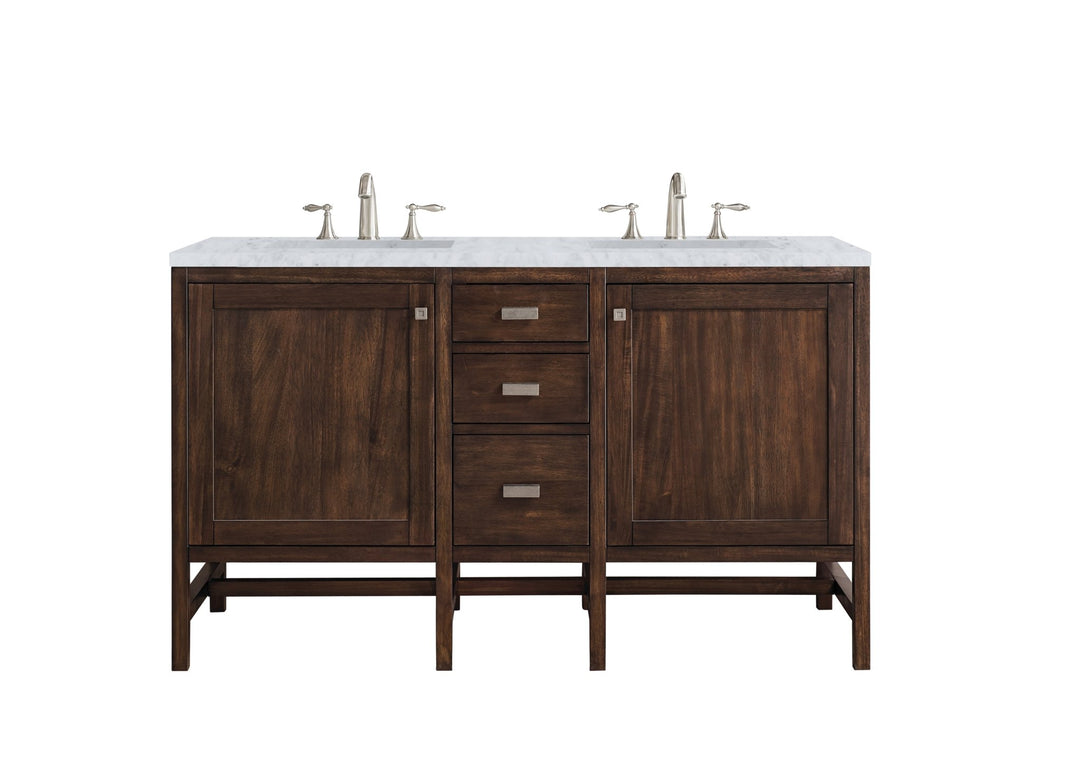 Addison 60" Double Vanity, Mid-Century Acacia w/ 3 CM Carrara White Top
