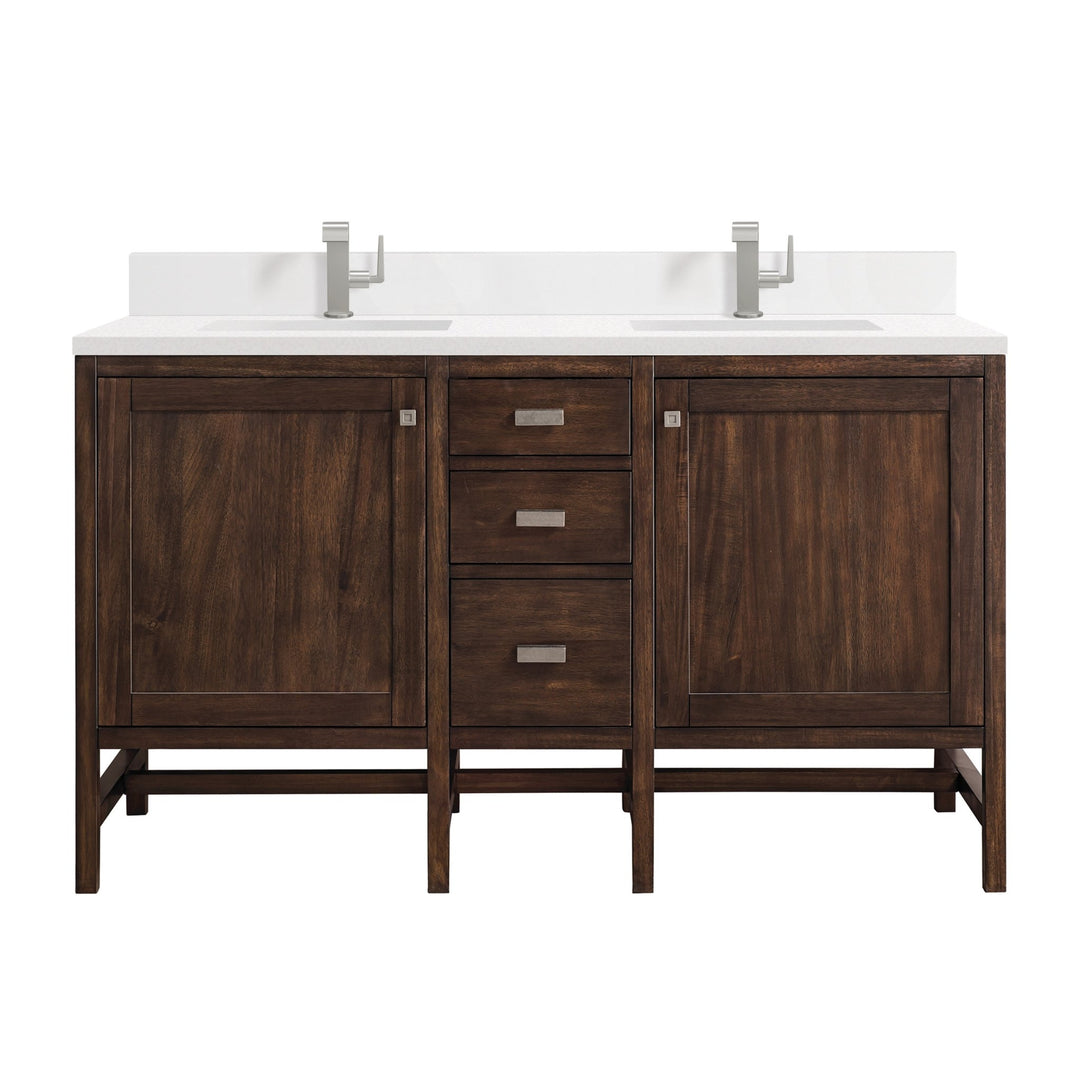 Addison 60" Double Vanity, Mid-Century Acacia w/ Single Hole 3 CM White Zeus Silestone Top & Backsplash