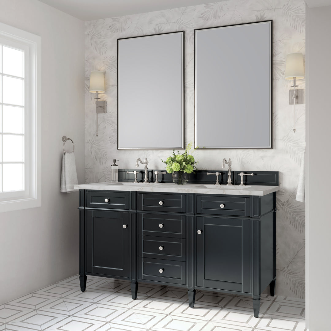 Brittany 60" Double Vanity, Black Onyx w/ 3 CM Victorian Silver Silestone Top