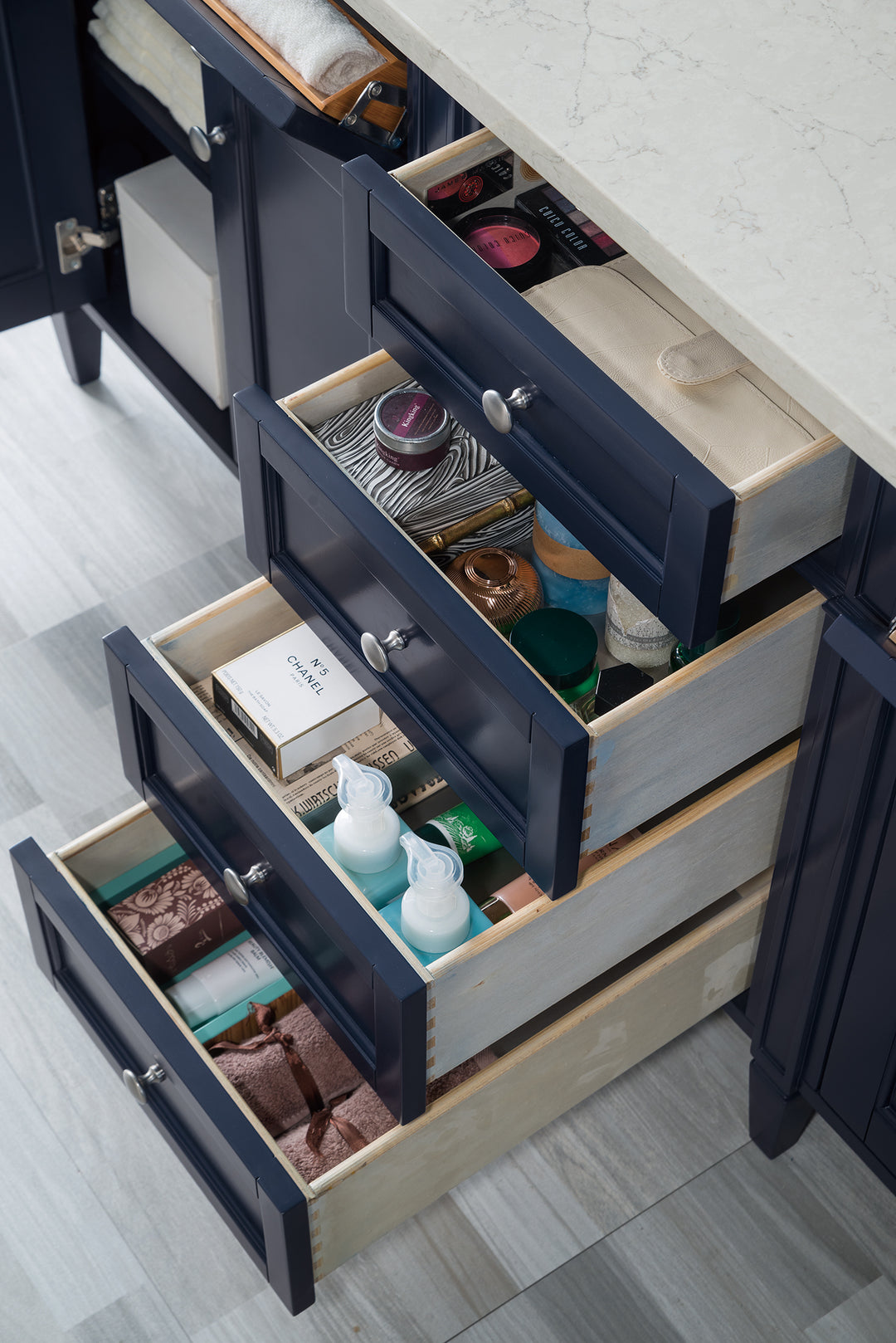 Brittany 72" Double Vanity, Victory Blue w/ 3 CM Eternal Jasmine Pearl Silestone Top w/FreePower Wireless Charger