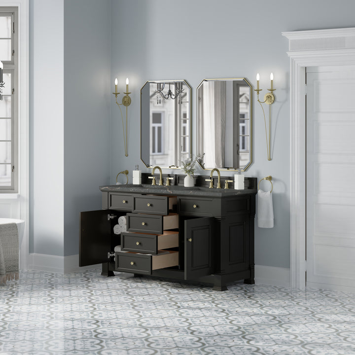 Brookfield 60" Double Vanity, Black Onyx w/ 3 CM Parisien Bleu Silestone® Top