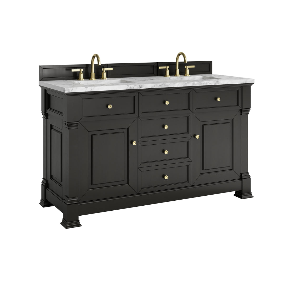 Brookfield 60" Double Vanity, Black Onyx w/3 CM Carrara White Marble Top