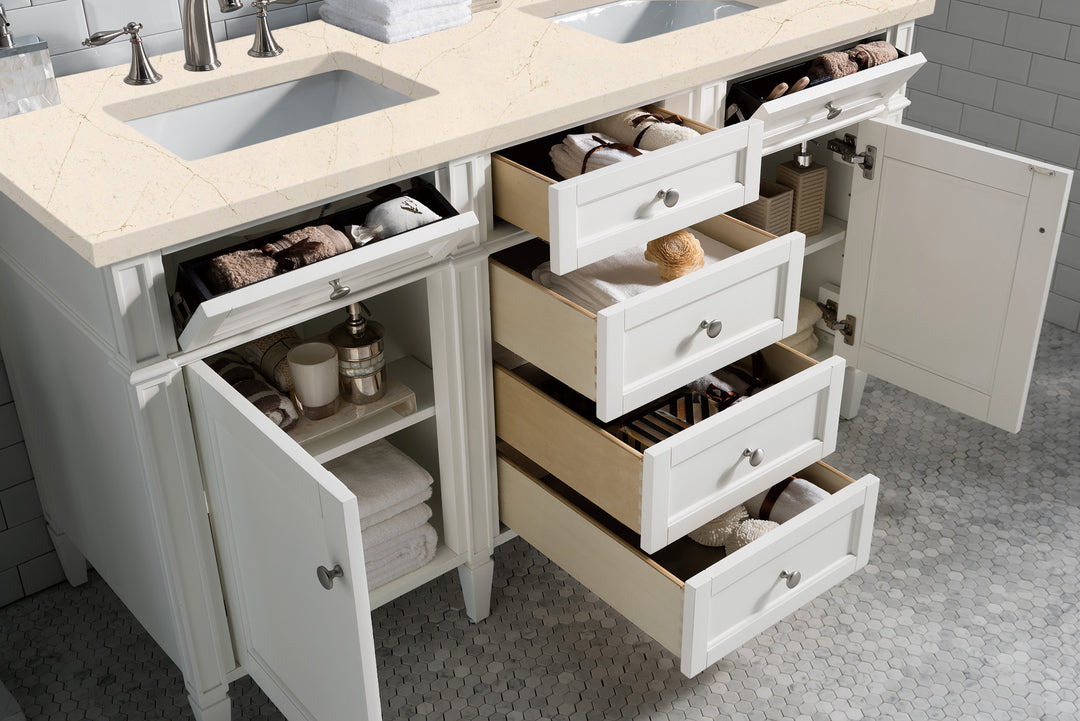 Brittany 60" Double Vanity, Bright White Vanity w/ 3 CM Eternal Marfil Silestone Top