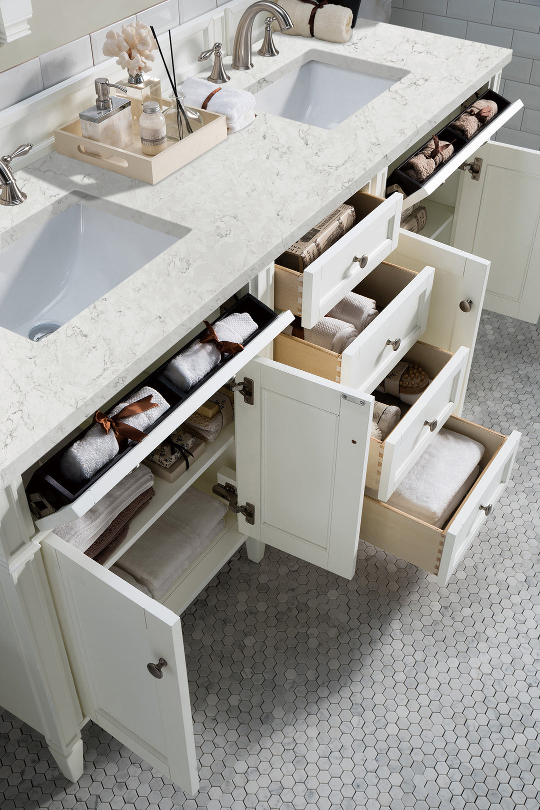 Brittany 72" Double Vanity, Bright White Vanity w/ 3 CM Eternal Jasmine Pearl Silestone Top