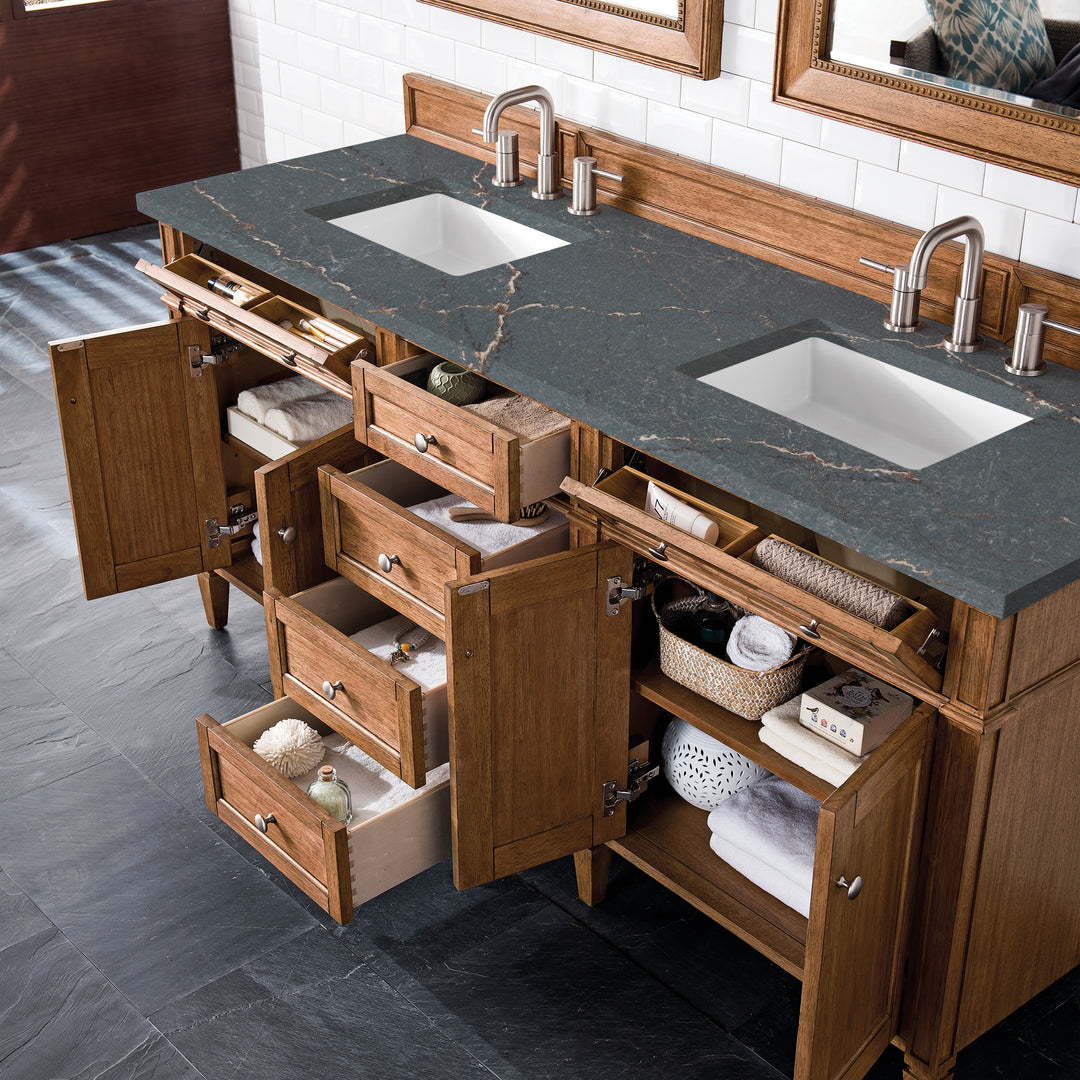 Brittany 72" Double Vanity, Saddle Brown w/ 3 CM Parisien Bleu Silestone Top w/FreePower Wireless Charger