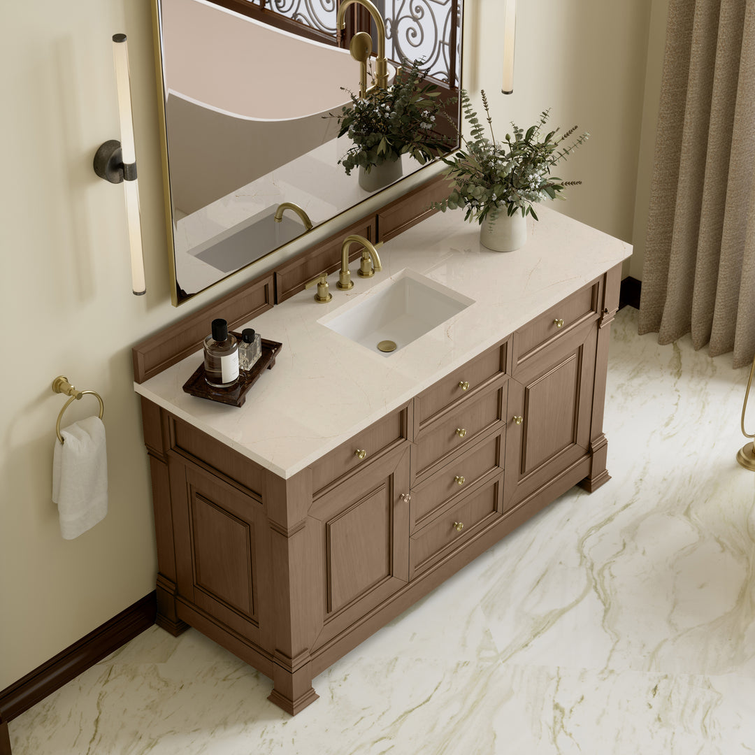 Brookfield 60" Single Vanity, Pecan w/ 3 CM Eternal Marfil Silestone® Top