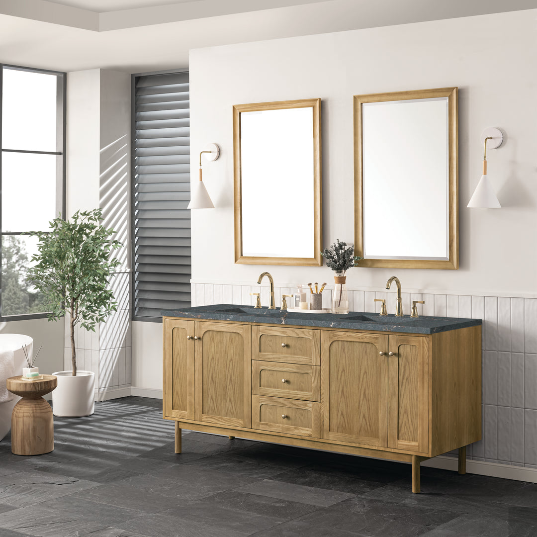 Laurent 72" Double Vanity, Light Natural Oak w/ 3 CM Parisien Bleu Top w/FreePower Wireless Charger