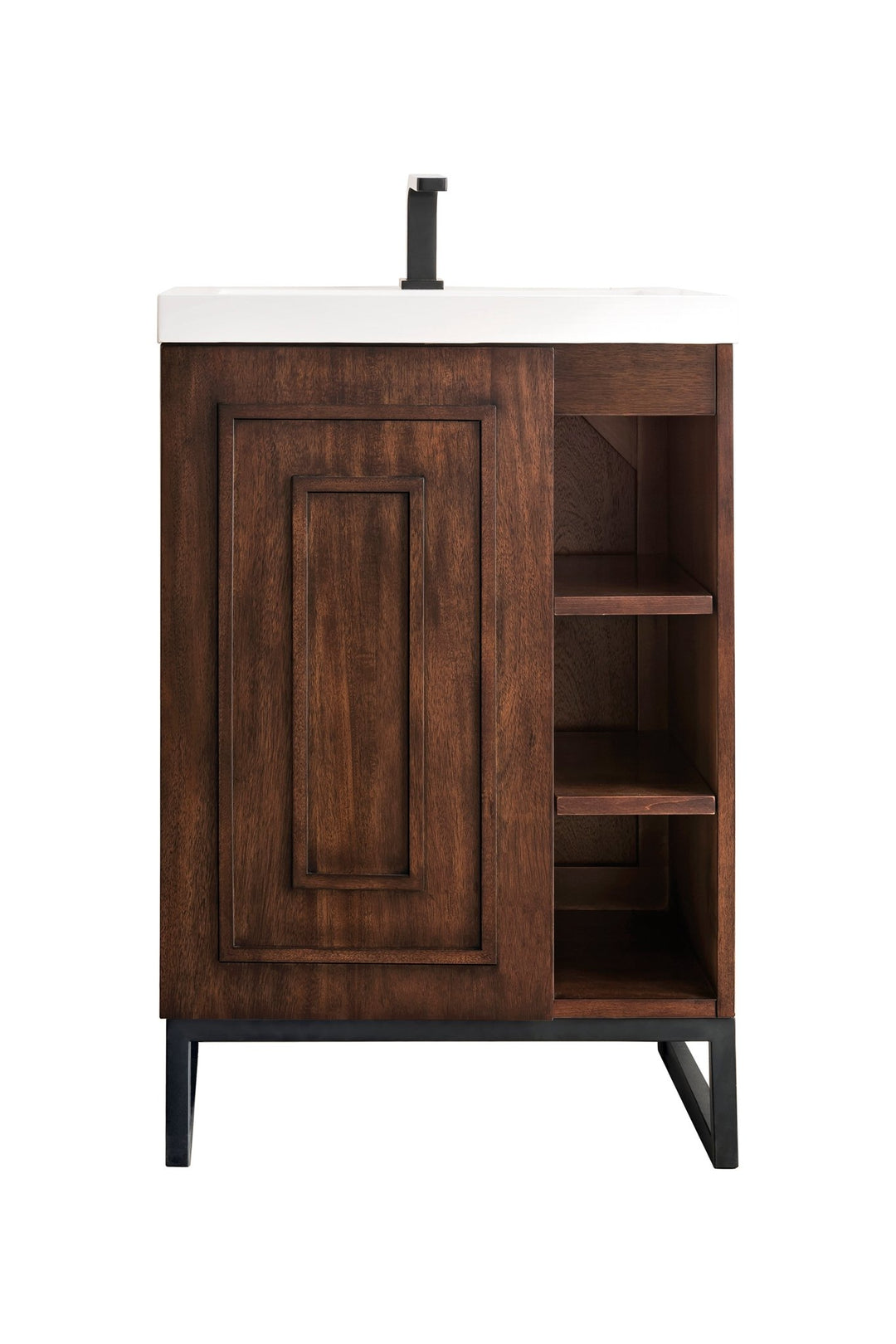 Alicante 24" Single Vanity, Mid-Century Acacia, Matte Black w/ White Glossy Composite Stone Top