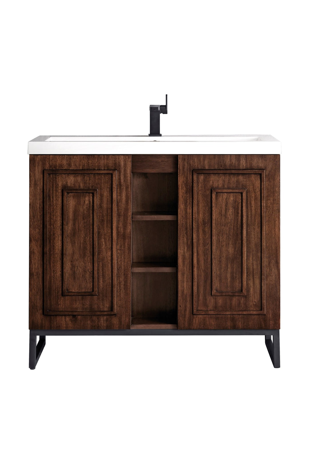 Alicante 39.5" Single Vanity, Mid-Century Acacia, Matte Black w/ White Glossy Composite Stone Top