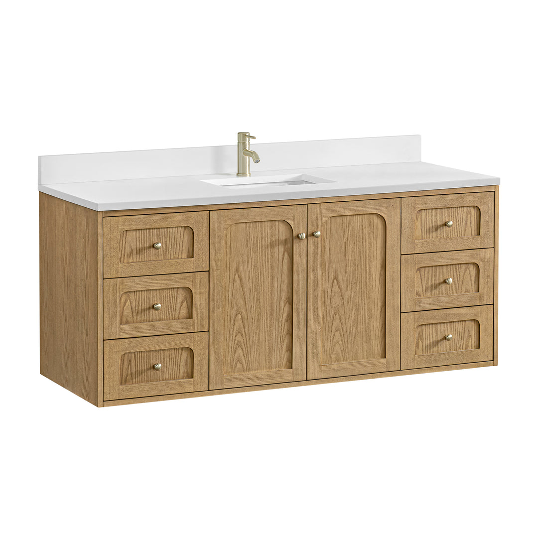 Laurent 60" Single Vanity, Light Natural Oak, w/ Single Hole 3 CM White Zeus Quartz Top & Backsplash