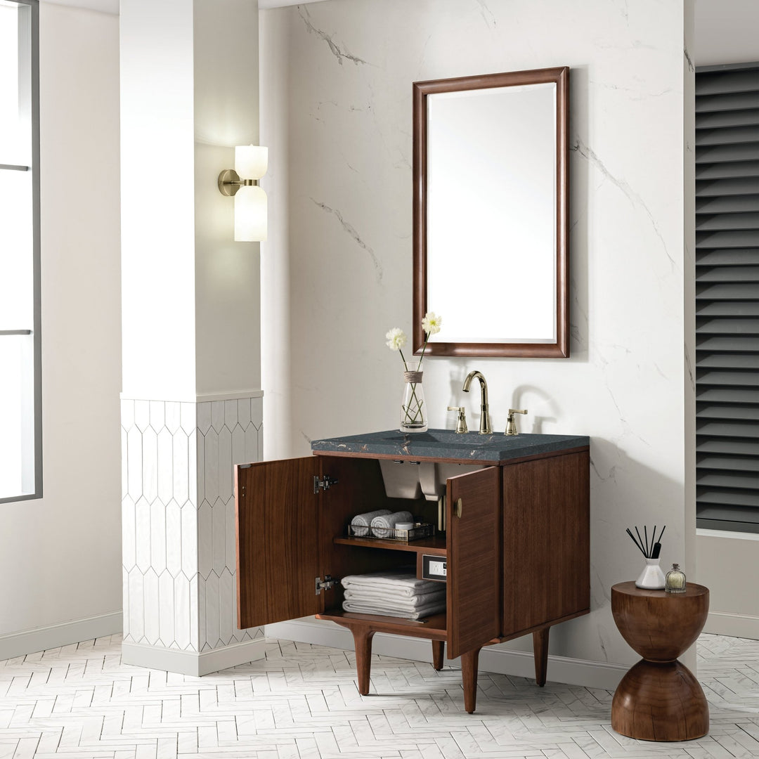 Amberly 30" Single Vanity, Mid-Century Walnut w/ 3 CM Parisien Bleu Top