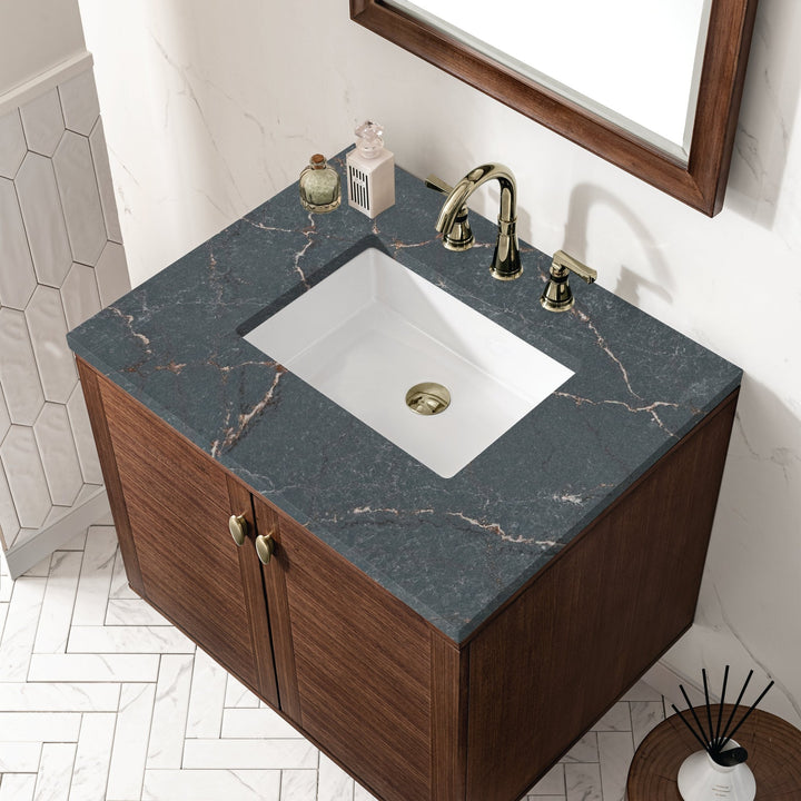 Amberly 30" Single Vanity, Mid-Century Walnut w/ 3 CM Parisien Bleu Top
