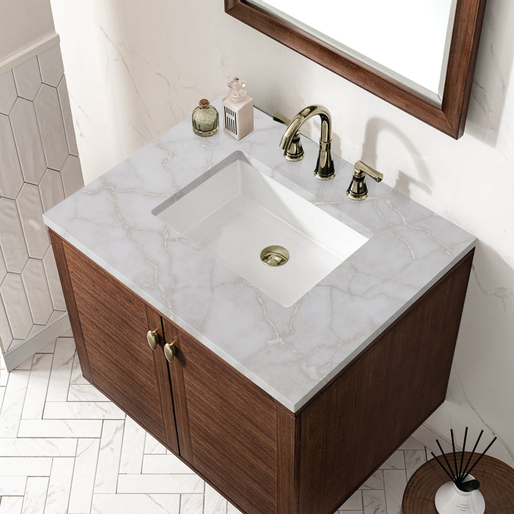 Amberly 30" Single Vanity, Mid-Century Walnut w/ 3 CM Victorian Silver Top