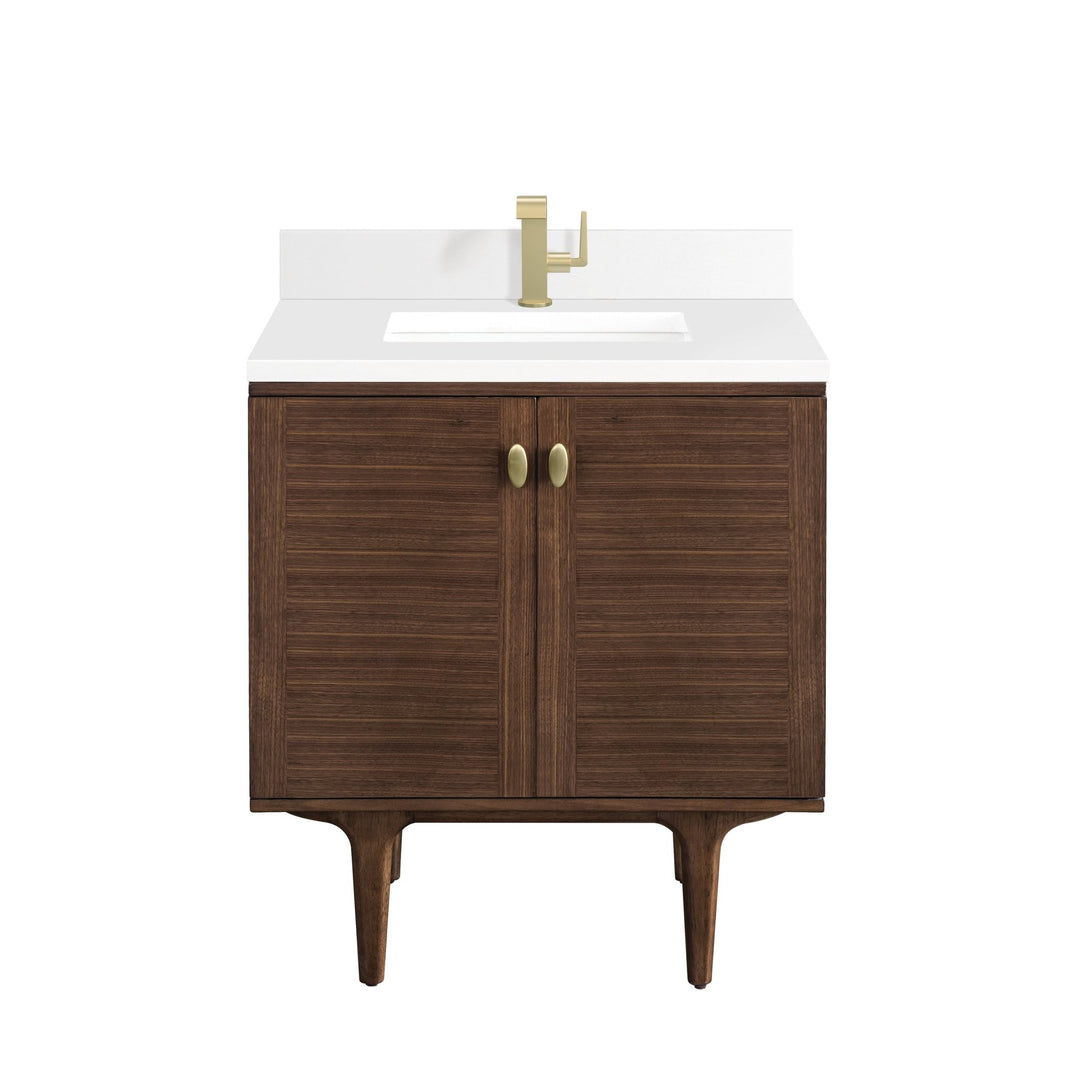 Amberly 30" Single Vanity, Mid-Century Walnut w/ Single Hole 3 CM White Zeus Top & Backsplash