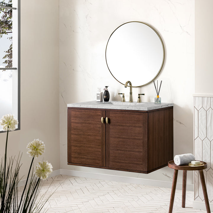 Amberly 36" Single Vanity, Mid-Century Walnut w/ 3 CM Eternal Jasmine Pearl Top