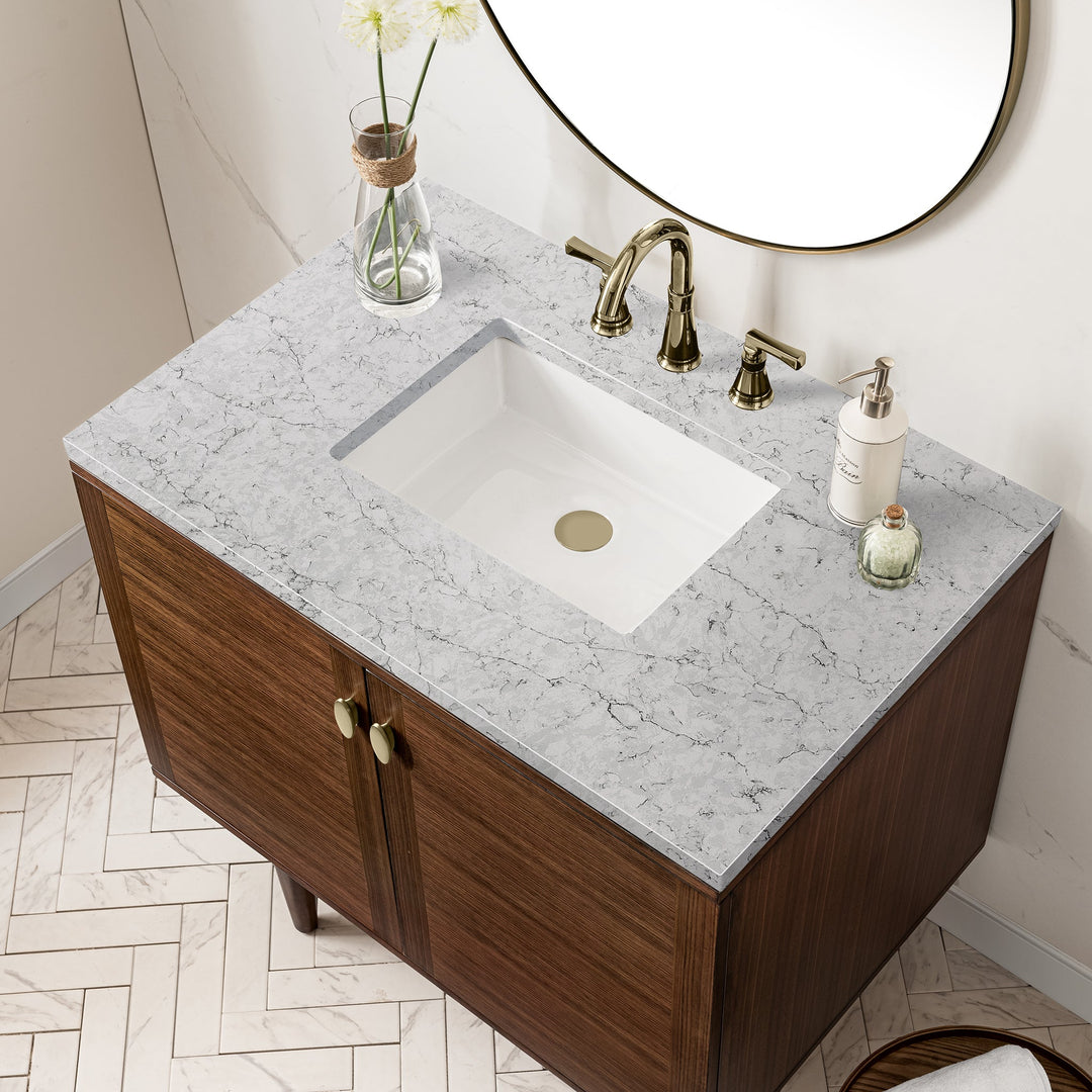 Amberly 36" Single Vanity, Mid-Century Walnut w/ 3 CM Eternal Jasmine Pearl Top