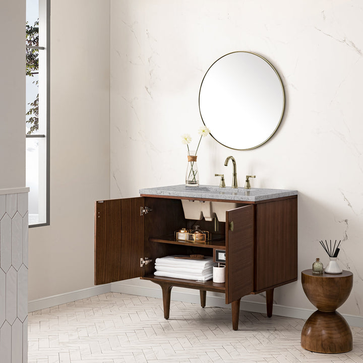 Amberly 36" Single Vanity, Mid-Century Walnut w/ 3 CM Eternal Jasmine Pearl Top