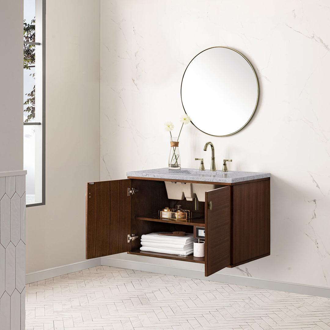 Amberly 36" Single Vanity, Mid-Century Walnut w/ 3 CM Eternal Jasmine Pearl Top