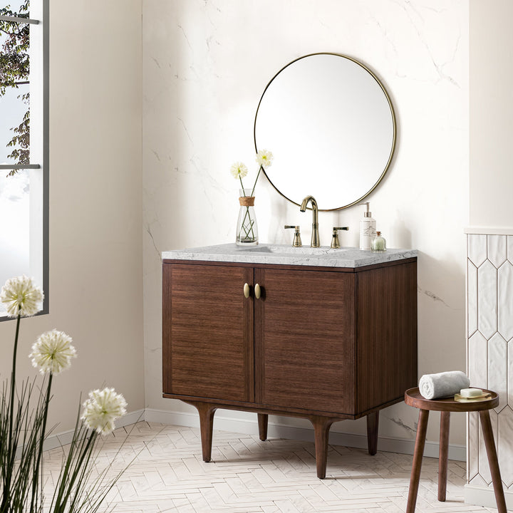 Amberly 36" Single Vanity, Mid-Century Walnut w/ 3 CM Eternal Jasmine Pearl Top