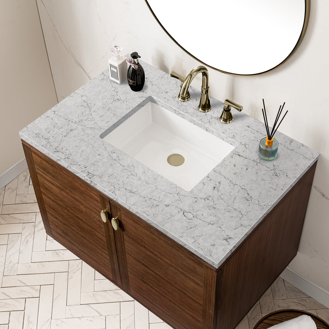 Amberly 36" Single Vanity, Mid-Century Walnut w/ 3 CM Eternal Jasmine Pearl Top