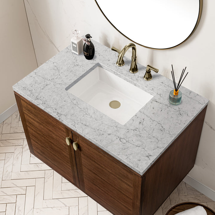 Amberly 36" Single Vanity, Mid-Century Walnut w/ 3 CM Eternal Jasmine Pearl Top