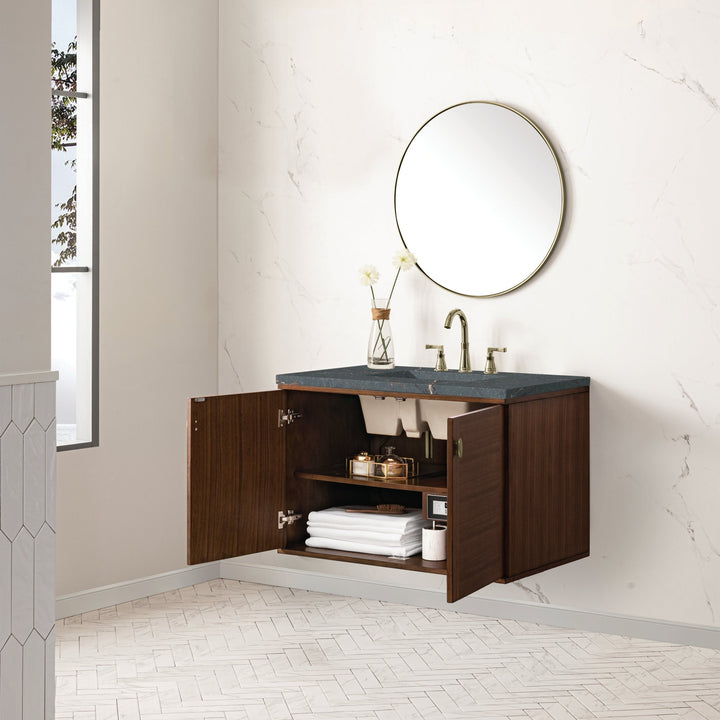Amberly 36" Single Vanity, Mid-Century Walnut w/ 3 CM Parisien Bleu Top