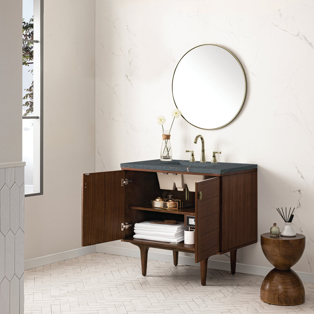 Amberly 36" Single Vanity, Mid-Century Walnut w/ 3 CM Parisien Bleu Top