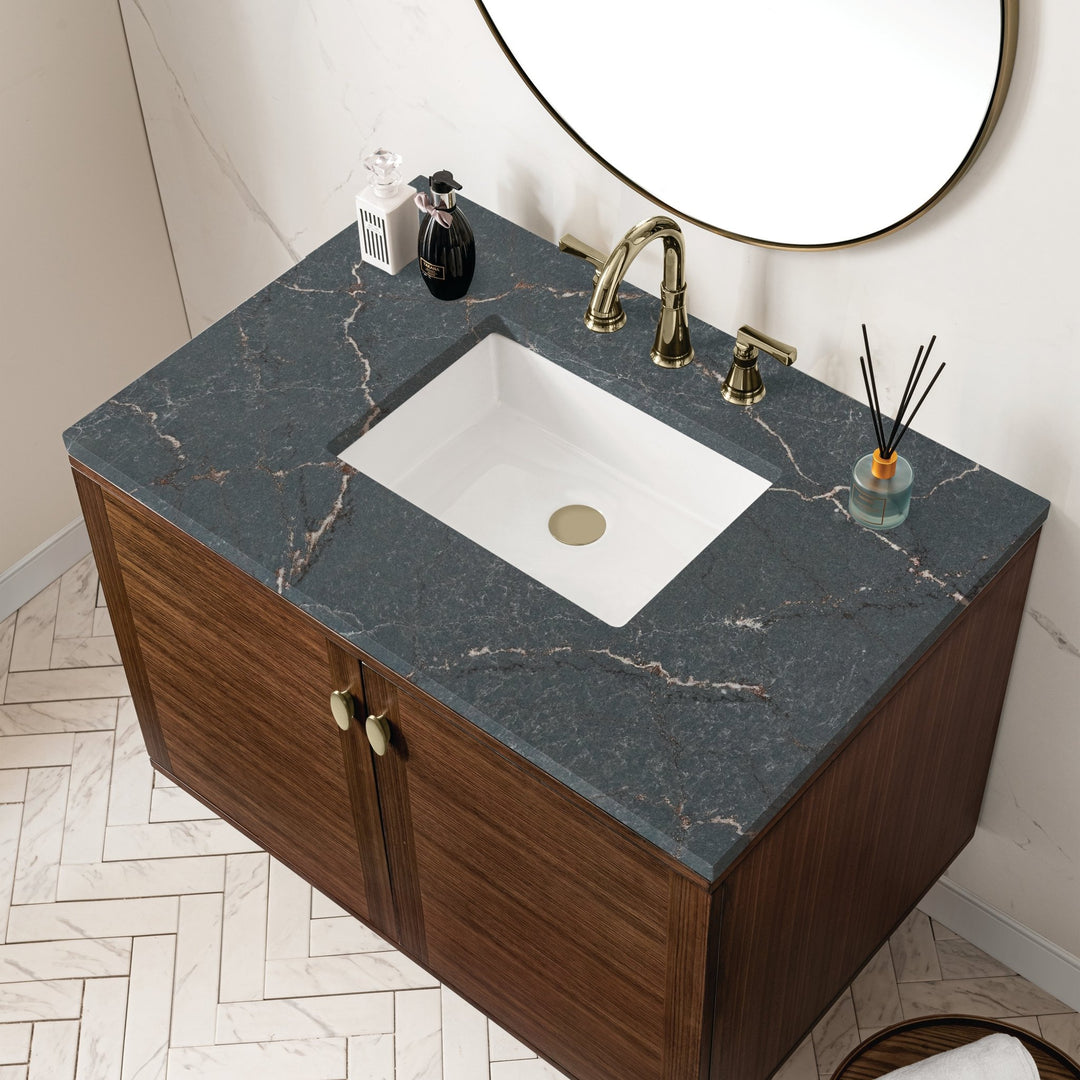 Amberly 36" Single Vanity, Mid-Century Walnut w/ 3 CM Parisien Bleu Top