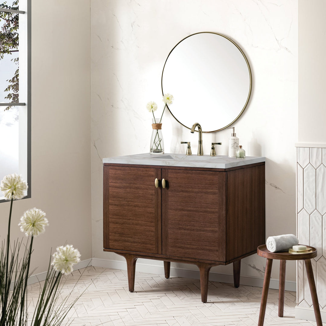 Amberly 36" Single Vanity, Mid-Century Walnut w/ 3 CM Victorian Silver Top