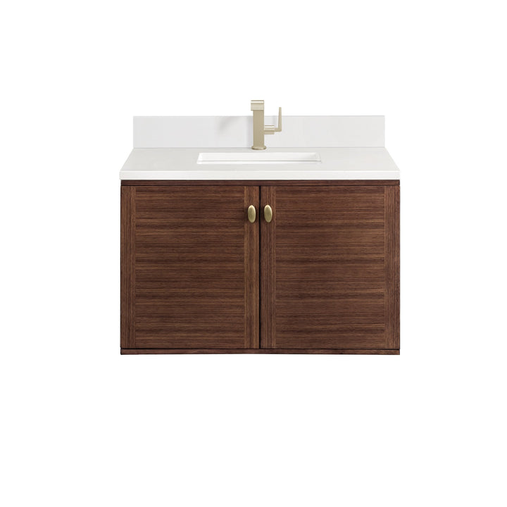 Amberly 36" Single Vanity, Mid-Century Walnut w/ Single Hole 3 CM White Zeus Top & Backsplash