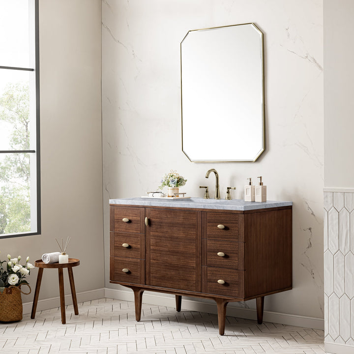 Amberly 48" Single Vanity, Mid-Century Walnut w/ 3 CM Carrara Marble Top