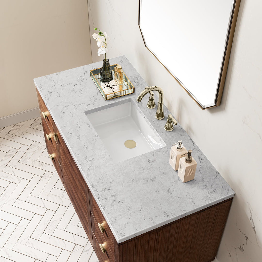 Amberly 48" Single Vanity, Mid-Century Walnut w/ 3 CM Eternal Jasmine Pearl Top