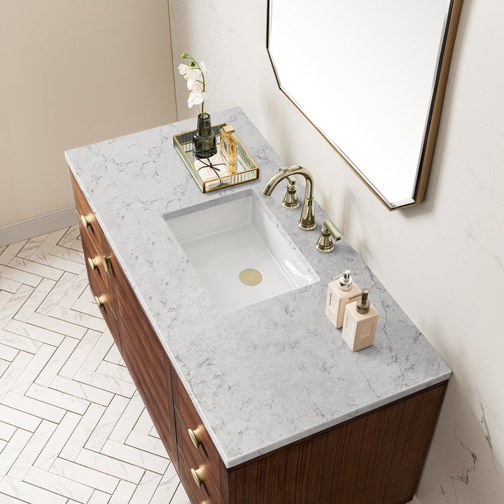 Amberly 48" Single Vanity, Mid-Century Walnut w/ 3 CM Eternal Jasmine Pearl Top w/FreePower Wireless Charger
