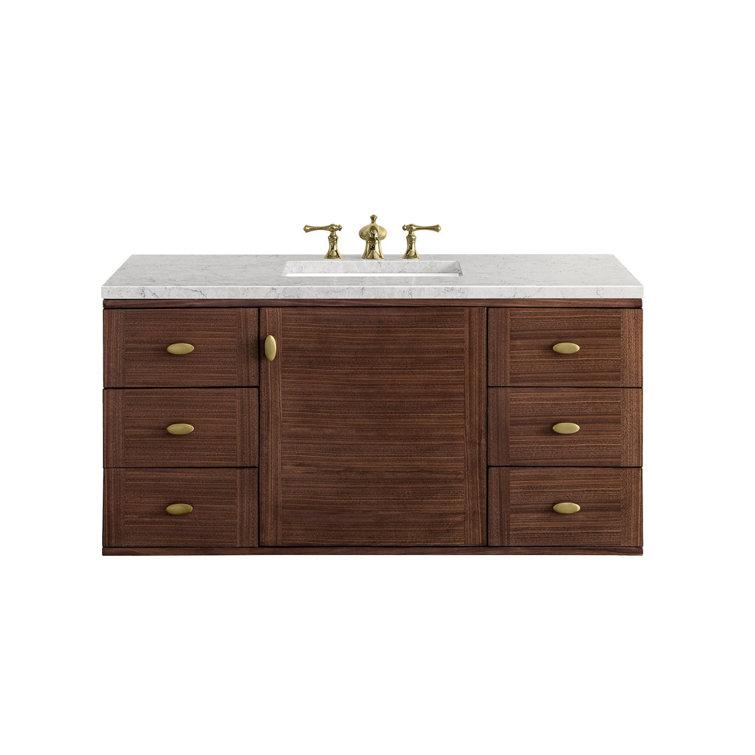 Amberly 48" Single Vanity, Mid-Century Walnut w/ 3 CM Eternal Jasmine Pearl Top w/FreePower Wireless Charger