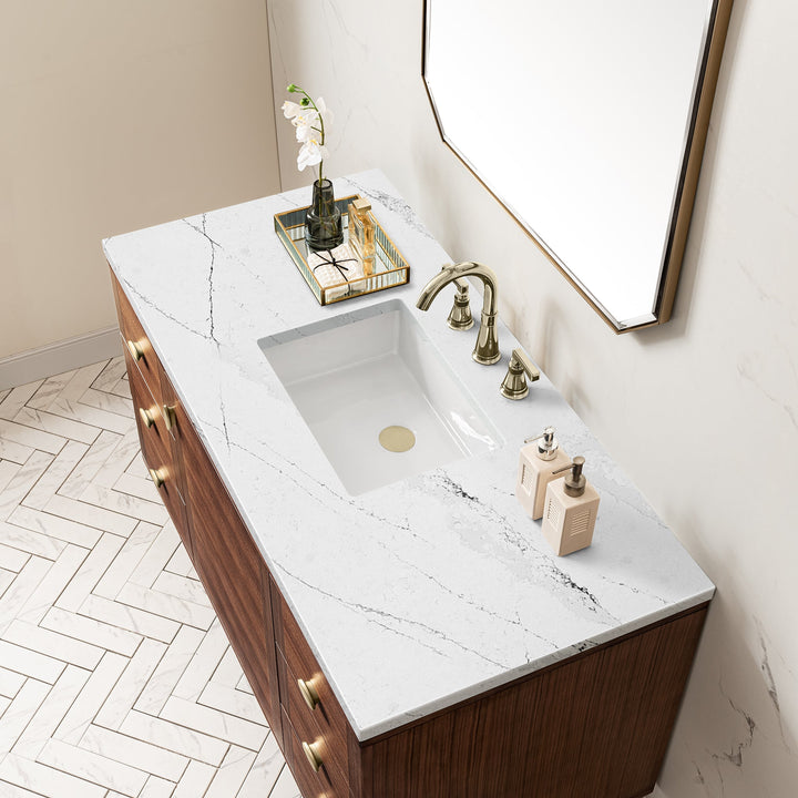 Amberly 48" Single Vanity, Mid-Century Walnut w/ 3 CM Ethereal Noctis Top w/FreePower Wireless Charger