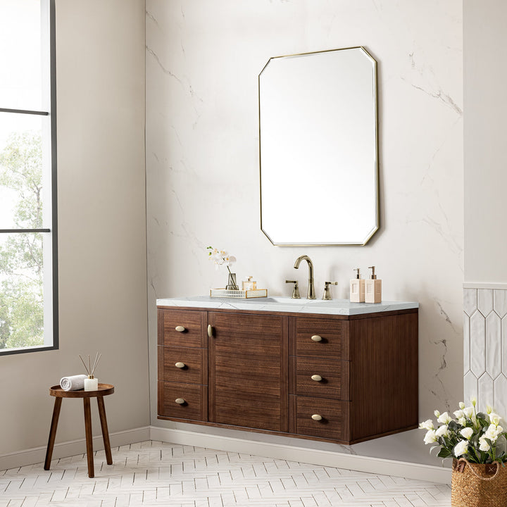 Amberly 48" Single Vanity, Mid-Century Walnut w/ 3 CM Ethereal Noctis Top w/FreePower Wireless Charger