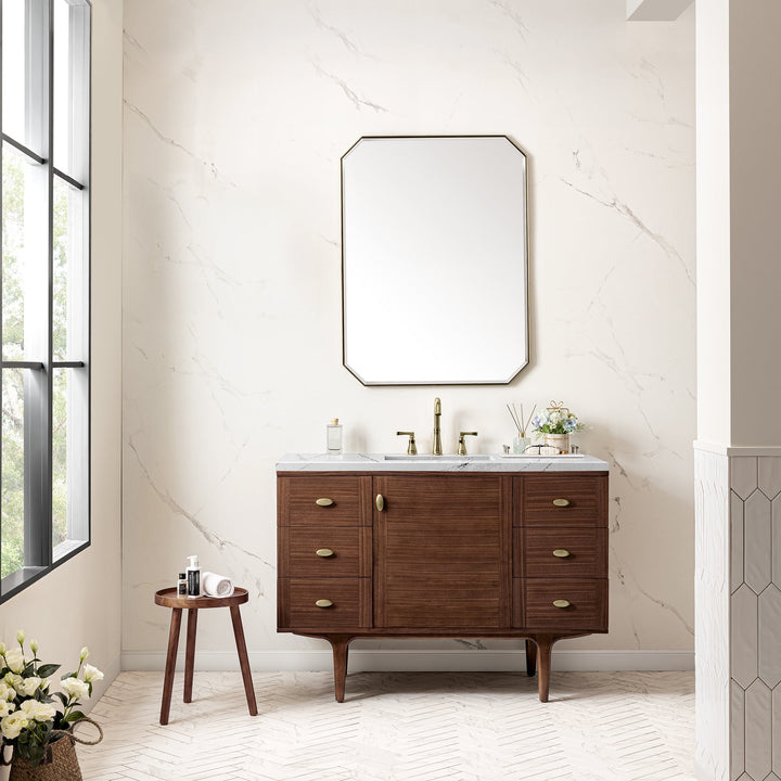 Amberly 48" Single Vanity, Mid-Century Walnut w/ 3 CM Ethereal Noctis Top w/FreePower Wireless Charger