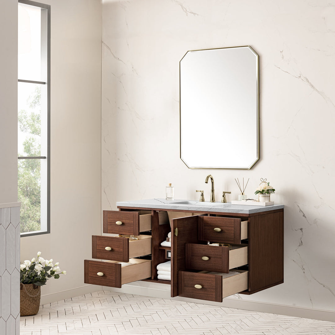 Amberly 48" Single Vanity, Mid-Century Walnut w/ 3 CM Ethereal Noctis Top w/FreePower Wireless Charger