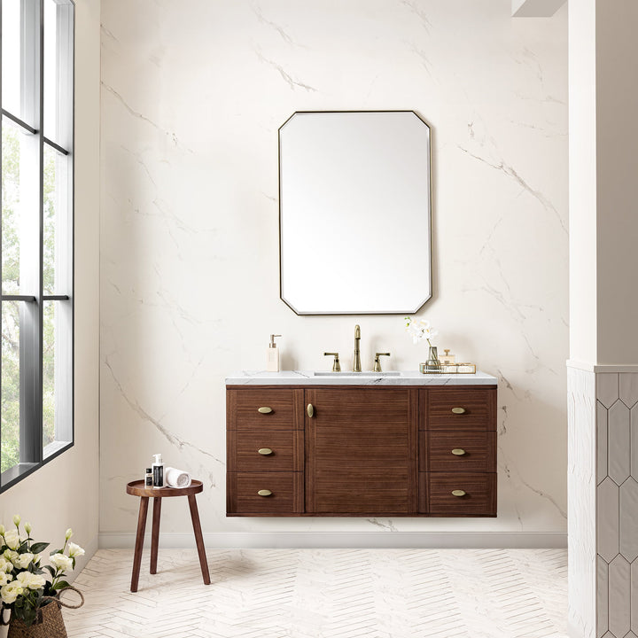 Amberly 48" Single Vanity, Mid-Century Walnut w/ 3 CM Ethereal Noctis Top w/FreePower Wireless Charger