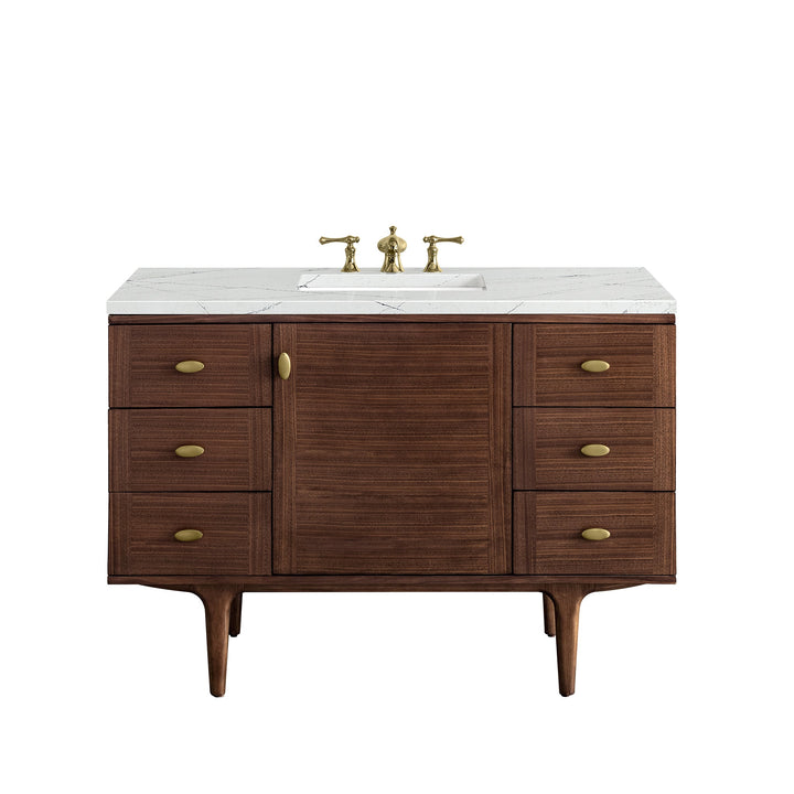 Amberly 48" Single Vanity, Mid-Century Walnut w/ 3 CM Ethereal Noctis Top w/FreePower Wireless Charger