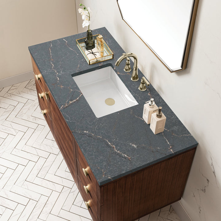 Amberly 48" Single Vanity, Mid-Century Walnut w/ 3 CM Parisien Bleu Top