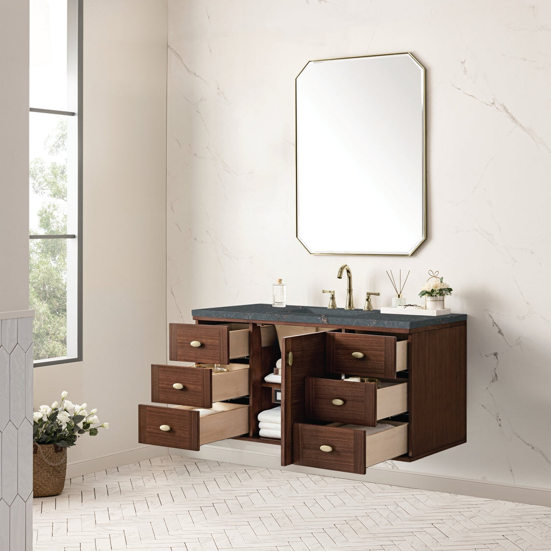 Amberly 48" Single Vanity, Mid-Century Walnut w/ 3 CM Parisien Bleu Top w/FreePower Wireless Charger