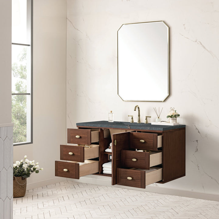 Amberly 48" Single Vanity, Mid-Century Walnut w/ 3 CM Parisien Bleu Top w/FreePower Wireless Charger