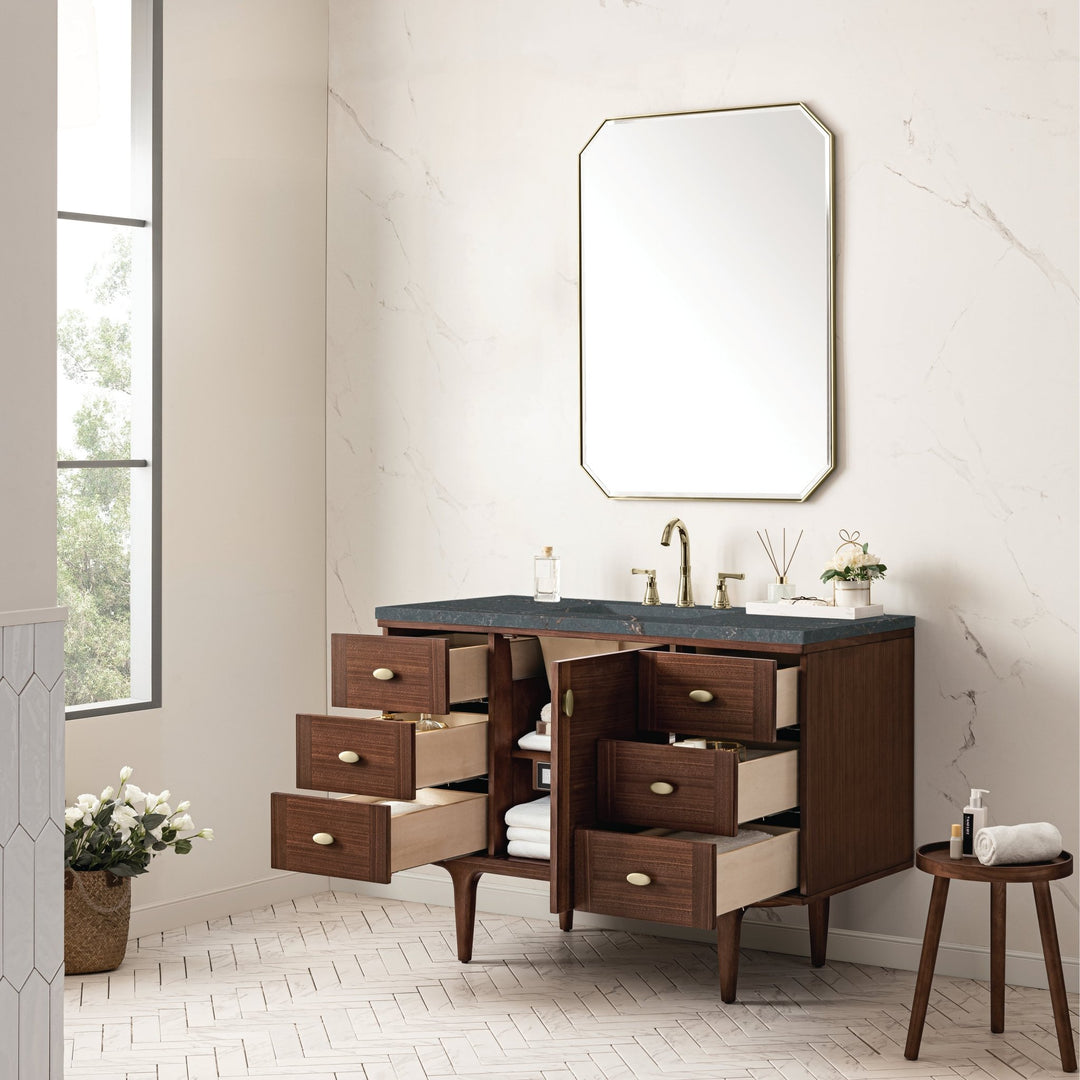 Amberly 48" Single Vanity, Mid-Century Walnut w/ 3 CM Parisien Bleu Top w/FreePower Wireless Charger