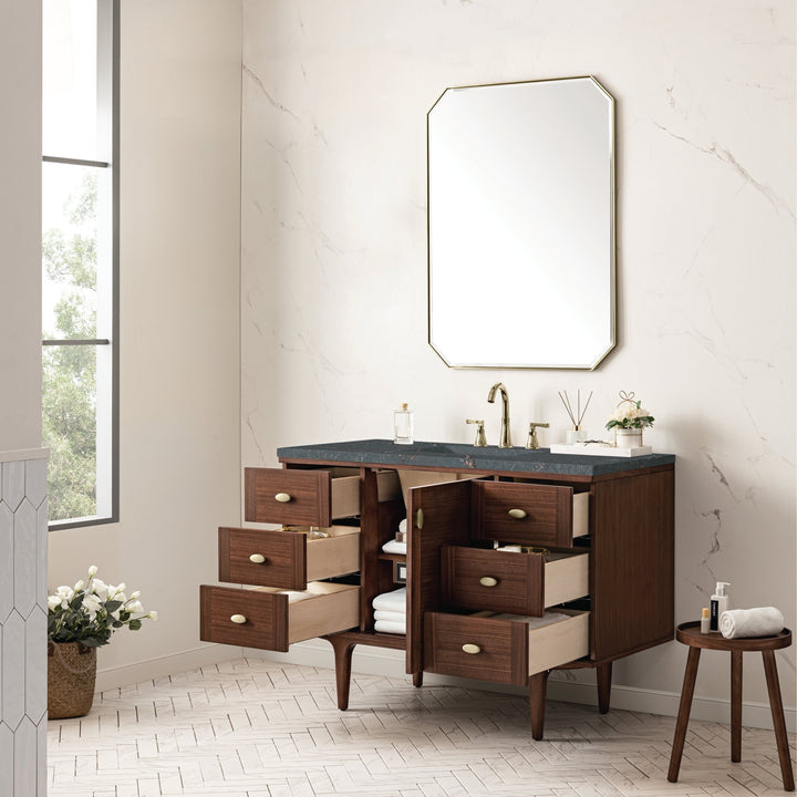 Amberly 48" Single Vanity, Mid-Century Walnut w/ 3 CM Parisien Bleu Top w/FreePower Wireless Charger