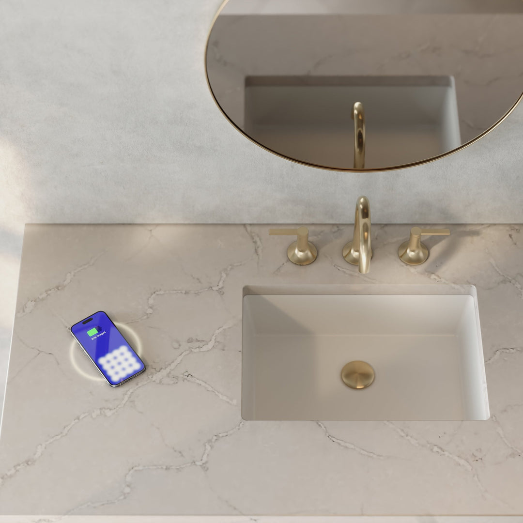 Amberly 48" Single Vanity, Mid-Century Walnut w/ 3 CM Victorian Silver Top w/FreePower Wireless Charger