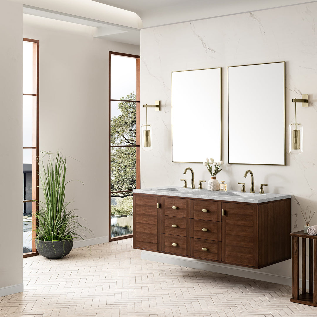 Amberly 60" Double Vanity, Mid-Century Walnut w/ 3 CM Eternal Jasmine Pearl Top w/FreePower Wireless Charger